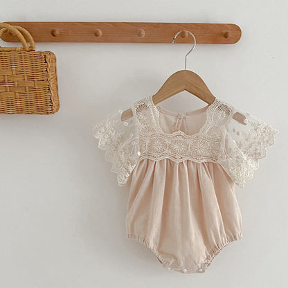 Arrival Summer Baby Kids Girls Embroidery Tulle Patchwork Short Sleeves bodysuit
