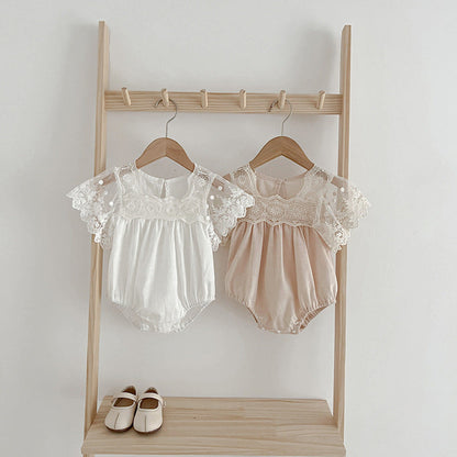 Arrival Summer Baby Kids Girls Embroidery Tulle Patchwork Short Sleeves bodysuit