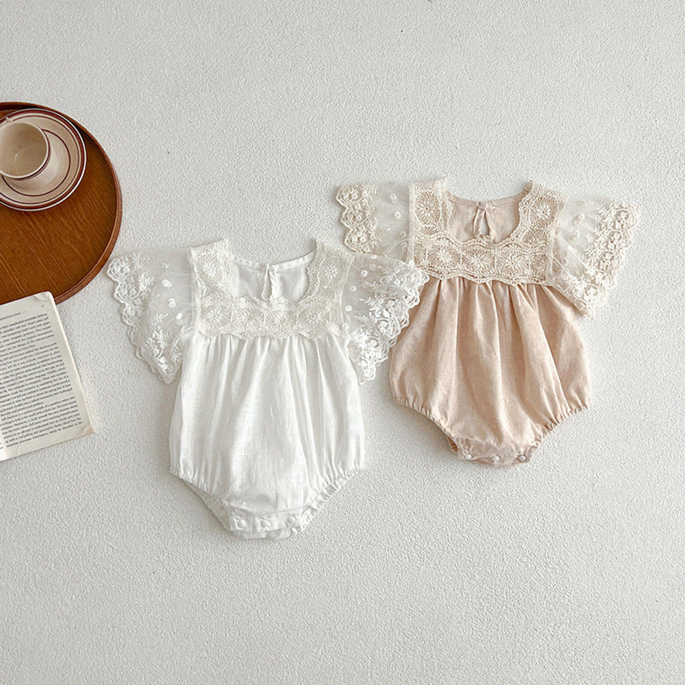 Arrival Summer Baby Kids Girls Embroidery Tulle Patchwork Short Sleeves bodysuit