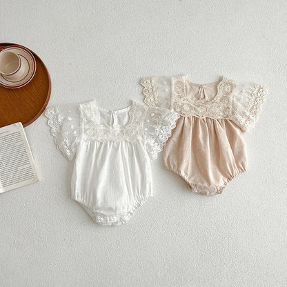 Arrival Summer Baby Kids Girls Embroidery Tulle Patchwork Short Sleeves bodysuit