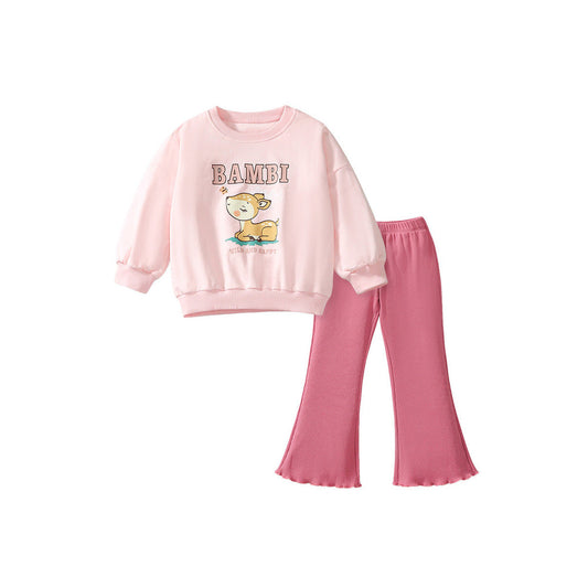 MyKids-USA® Girls Cute Cartoon Little Bambi Print Top Sweatshirt And Solid Color Pants