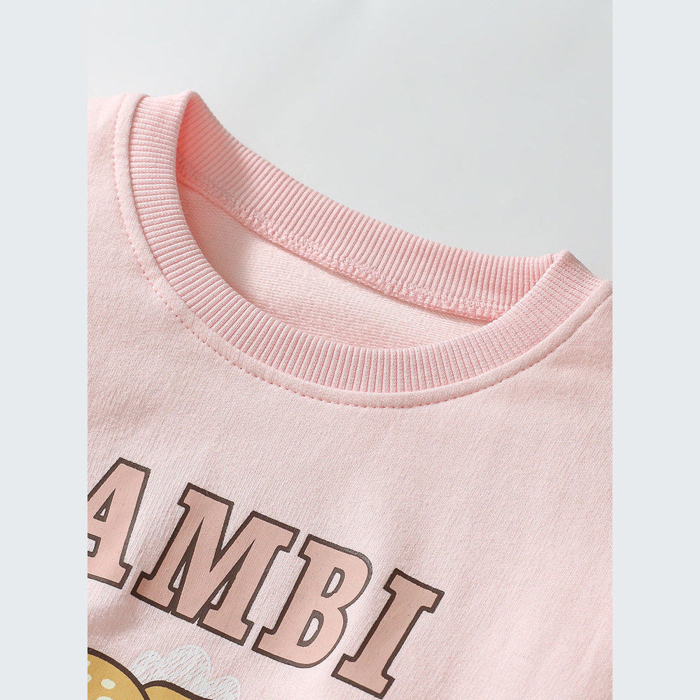 MyKids-USA® Girls Cute Cartoon Little Bambi Print Top Sweatshirt And Solid Color Pants