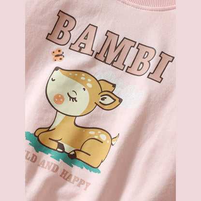 MyKids-USA® Girls Cute Cartoon Little Bambi Print Top Sweatshirt And Solid Color Pants