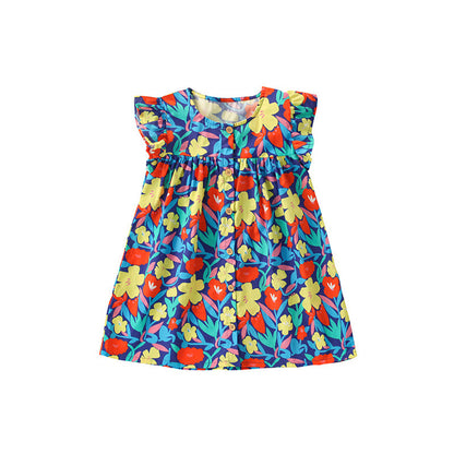 MyKids-USA® New Design Girls’ Colorful Flowers Pattern Single Breasted Fly Sleeves Dress