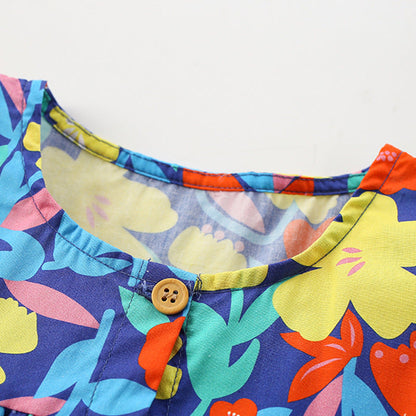 MyKids-USA® New Design Girls’ Colorful Flowers Pattern Single Breasted Fly Sleeves Dress