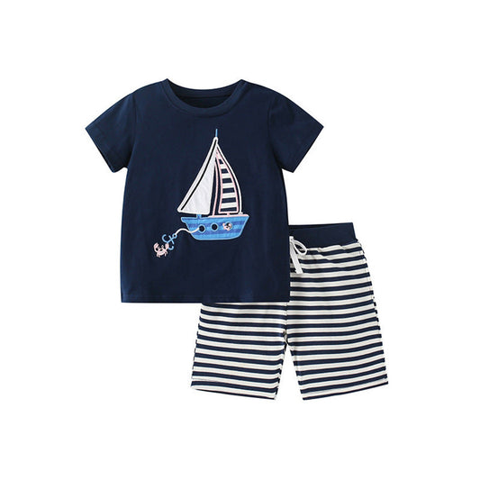 MyKids-USA® Baby Kids Boys Sailboat Cartoon Pattern T-Shirt And Striped Shorts Clothing Set