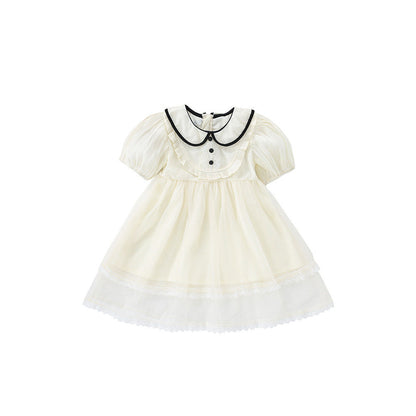 MyKids-USA® Girls’ Solid Color Embroidery Short Sleeves Preppy Dress
