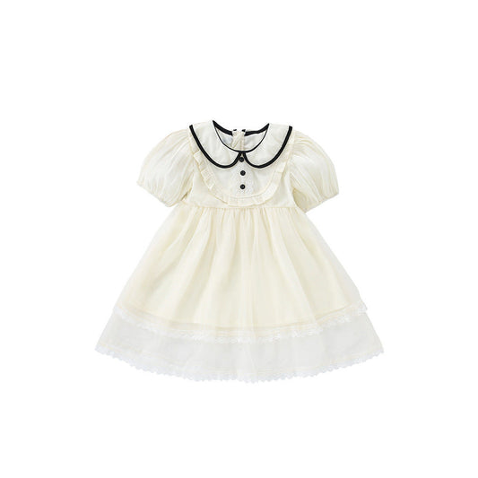 MyKids-USA® Summer Arrival Girls’ Solid Color Embroidery Short Sleeves Preppy Dress