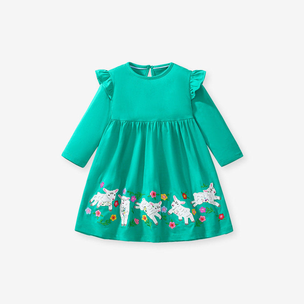MyKids-USA® Girls Long Sleeves Cartoon Flowers And Lamb Pattern Crew Neck Dress