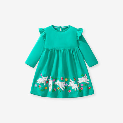 MyKids-USA® Girls Long Sleeves Cartoon Flowers And Lamb Pattern Crew Neck Dress