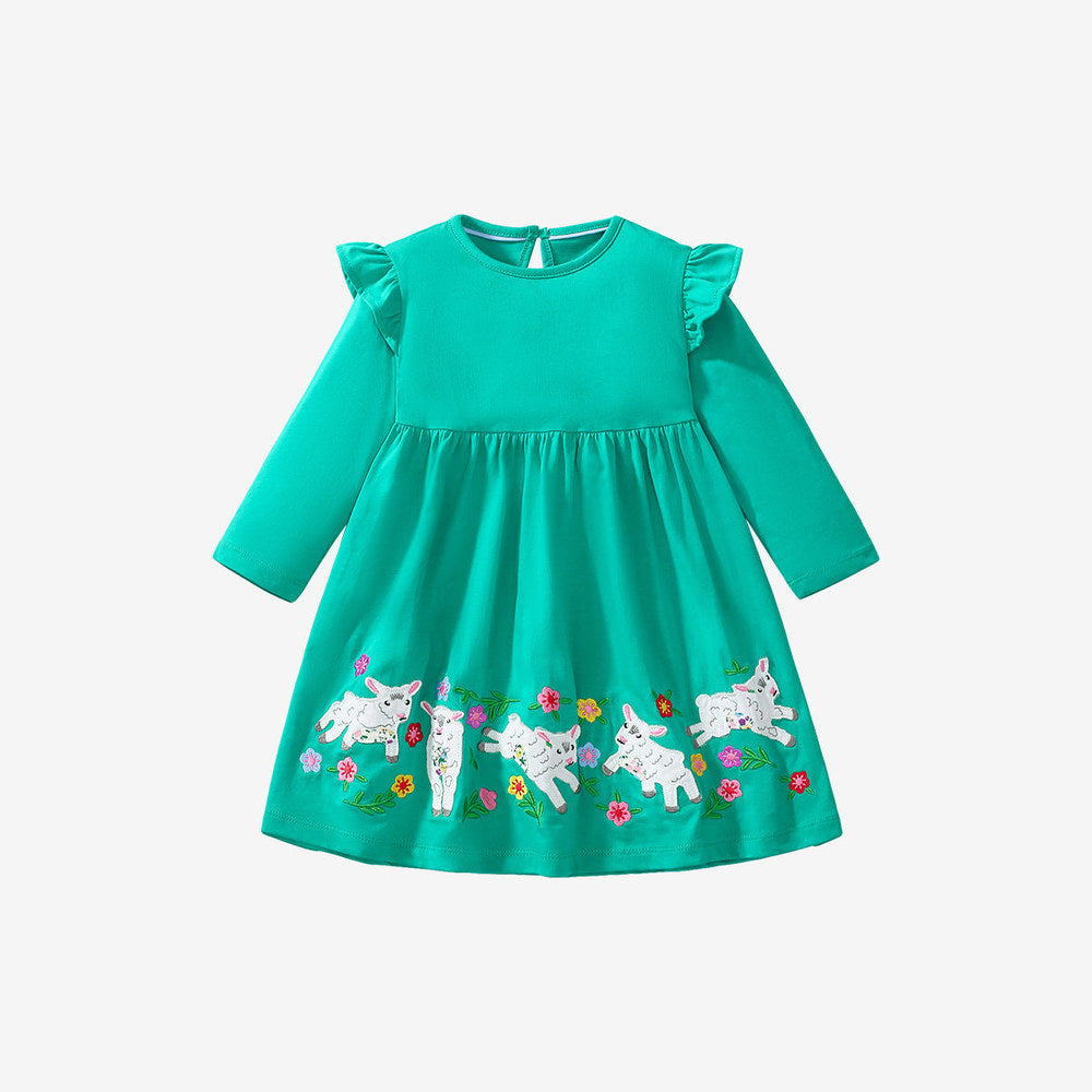 MyKids-USA® Girls Long Sleeves Cartoon Flowers And Lamb Pattern Crew Neck Dress