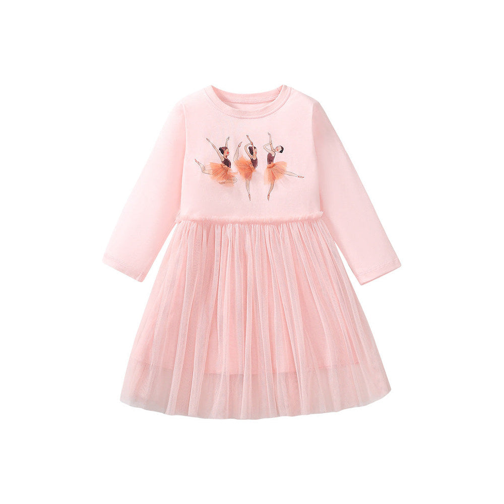 MyKids-USA® Design Girls Dancers Cartoon Pattern Crew Neck Long Sleeves Tulle Patchwork Dress