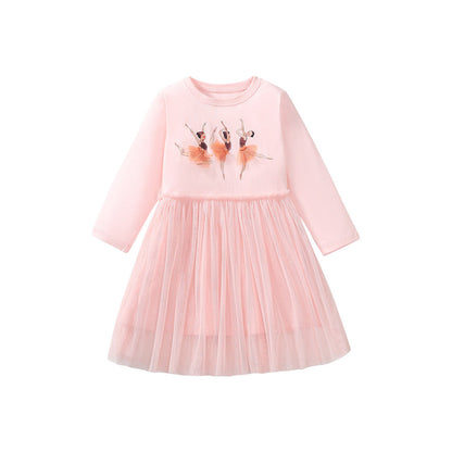 MyKids-USA® Design Girls Dancers Cartoon Pattern Crew Neck Long Sleeves Tulle Patchwork Dress
