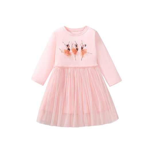 MyKids-USA® Design Autumn Girls Dancers Cartoon Pattern Crew Neck Long Sleeves Tulle Patchwork Dress