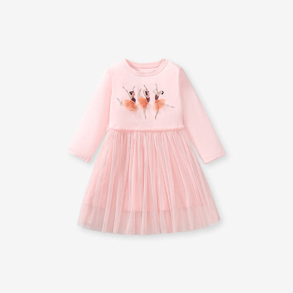 MyKids-USA® Design Girls Dancers Cartoon Pattern Crew Neck Long Sleeves Tulle Patchwork Dress