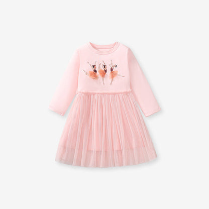 MyKids-USA® Design Girls Dancers Cartoon Pattern Crew Neck Long Sleeves Tulle Patchwork Dress