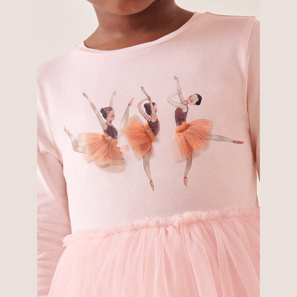 MyKids-USA® Design Girls Dancers Cartoon Pattern Crew Neck Long Sleeves Tulle Patchwork Dress