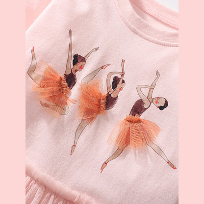 MyKids-USA® Design Girls Dancers Cartoon Pattern Crew Neck Long Sleeves Tulle Patchwork Dress