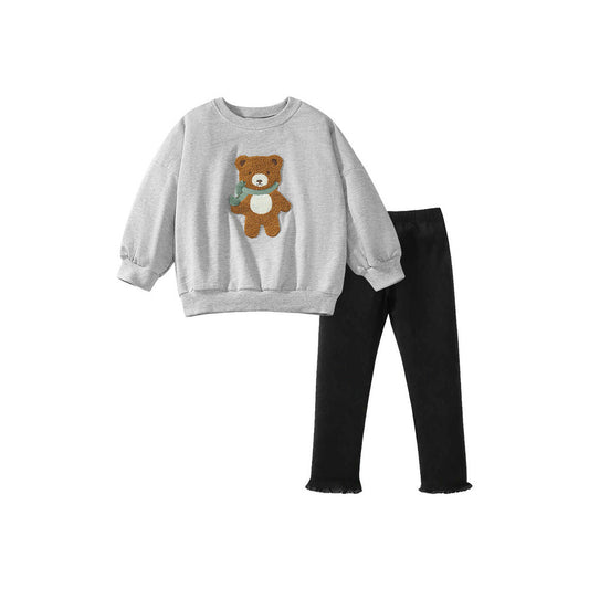 MyKids-USA® Girls Teddy Bear Pattern Long Sleeves Top Sweatshirt And Black Pants Clothing Set