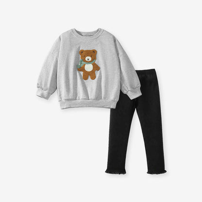MyKids-USA® Girls Teddy Bear Pattern Long Sleeves Top Sweatshirt And Black Pants Clothing Set