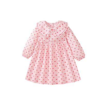 MyKids-USA® Design Girls Striped And Heart Pattern Preppy Collar Long Sleeves Princess Dress