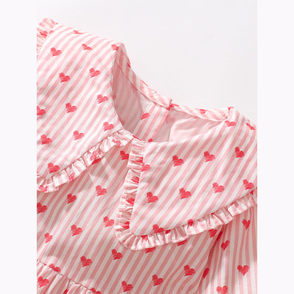 MyKids-USA® Design Girls Striped And Heart Pattern Preppy Collar Long Sleeves Princess Dress