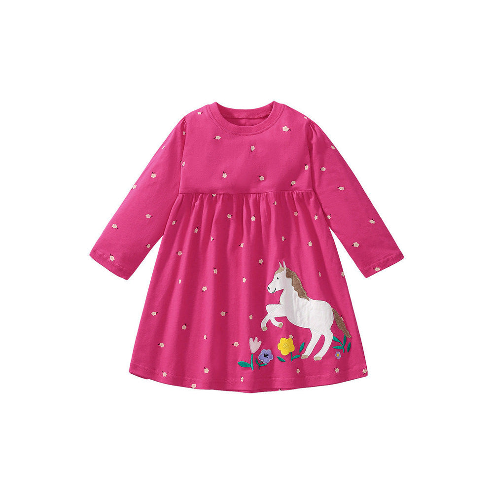 MyKids-USA® Girls Cartoon Flowers And Horse Pattern Crew Neck Long Sleeves Casual Dress