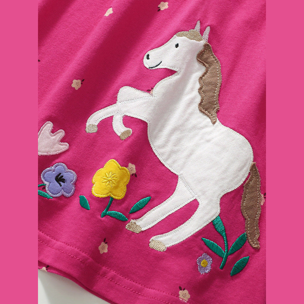 MyKids-USA® Girls Cartoon Flowers And Horse Pattern Crew Neck Long Sleeves Casual Dress