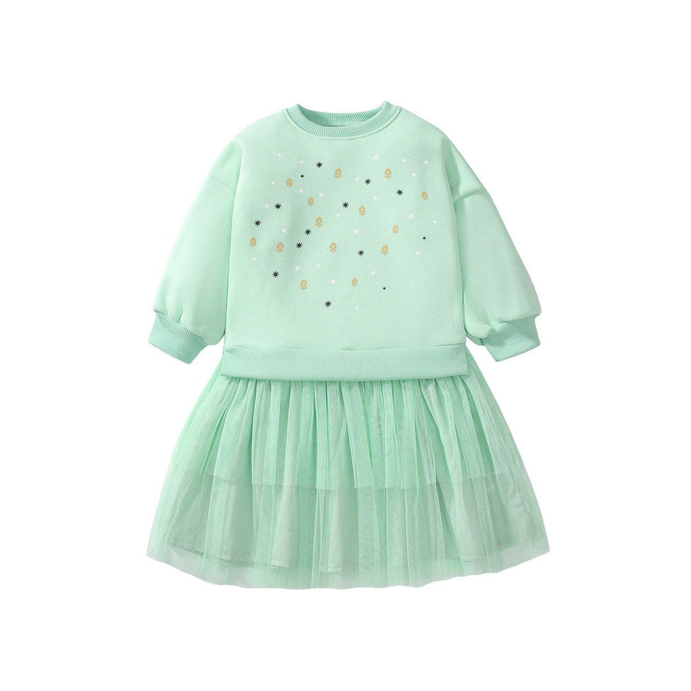 MyKids-USA® Design Girls Geometric Print Crew Neck Long Sleeves Green Tulle Patchwork Princess Dress