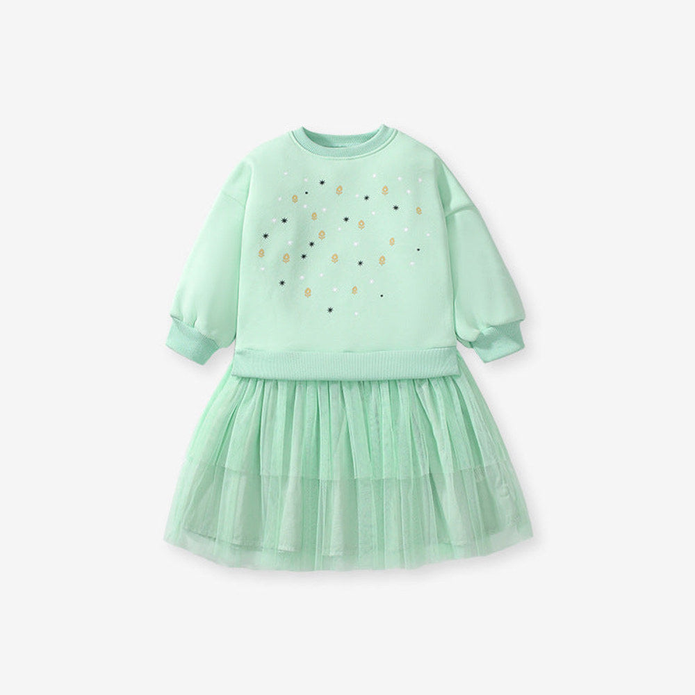 MyKids-USA® Design Girls Geometric Print Crew Neck Long Sleeves Green Tulle Patchwork Princess Dress