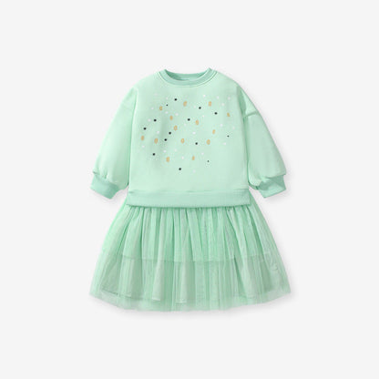 MyKids-USA® Design Girls Geometric Print Crew Neck Long Sleeves Green Tulle Patchwork Princess Dress