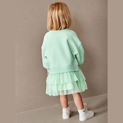 MyKids-USA® Design Girls Geometric Print Crew Neck Long Sleeves Green Tulle Patchwork Princess Dress