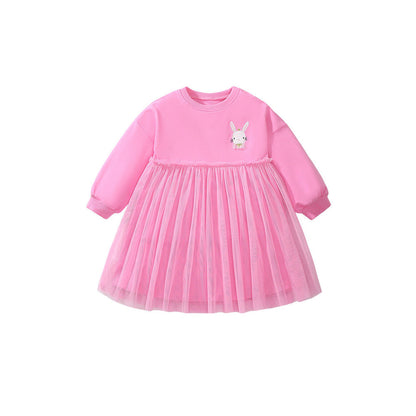 MyKids-USA® Girls Cartoon Rabbit Logo Crew Neck Long Sleeves Pink Tulle Patchwork Princess Dress