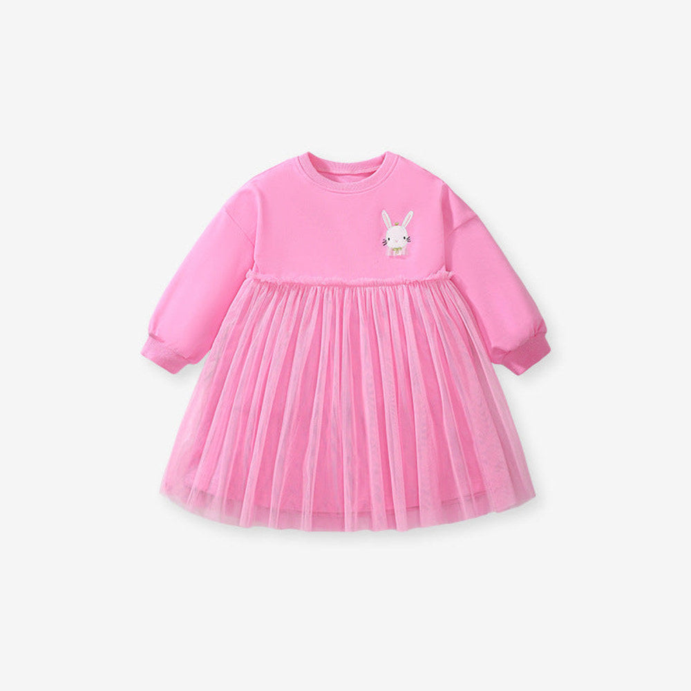 MyKids-USA® Girls Cartoon Rabbit Logo Crew Neck Long Sleeves Pink Tulle Patchwork Princess Dress