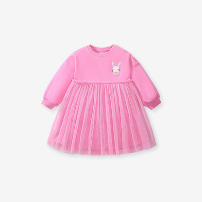 MyKids-USA® Girls Cartoon Rabbit Logo Crew Neck Long Sleeves Pink Tulle Patchwork Princess Dress