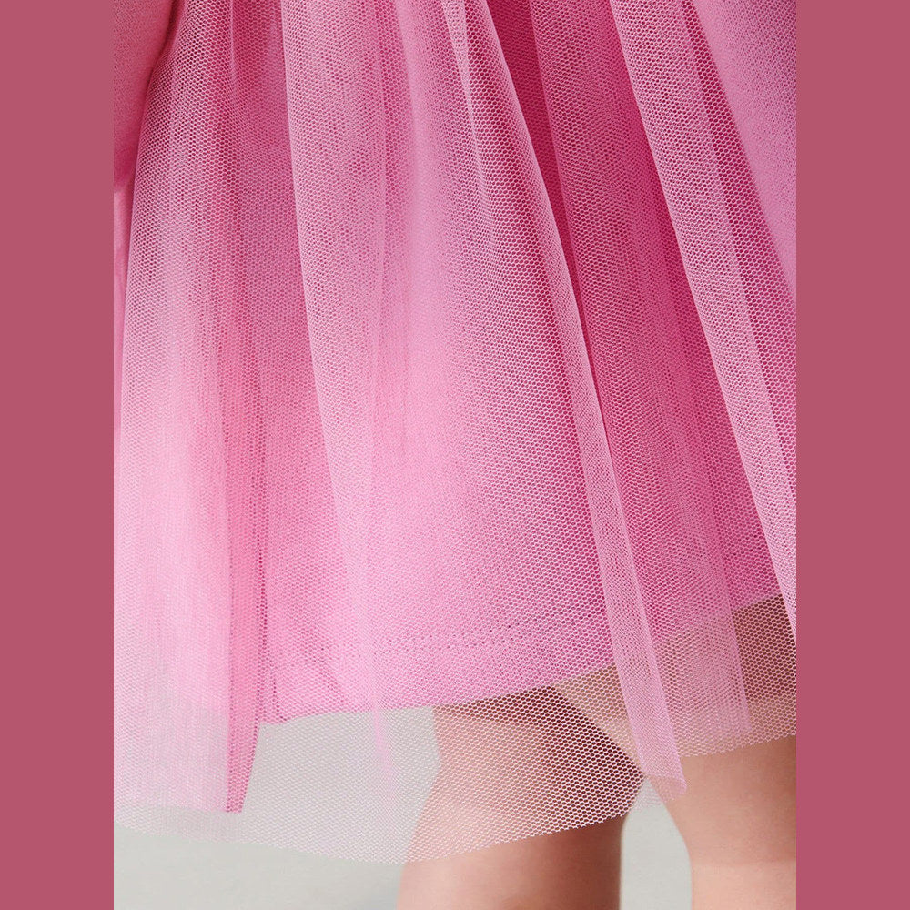 MyKids-USA® Girls Cartoon Rabbit Logo Crew Neck Long Sleeves Pink Tulle Patchwork Princess Dress