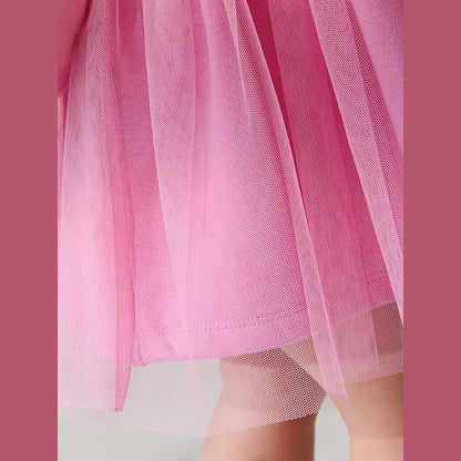 MyKids-USA® Girls Cartoon Rabbit Logo Crew Neck Long Sleeves Pink Tulle Patchwork Princess Dress
