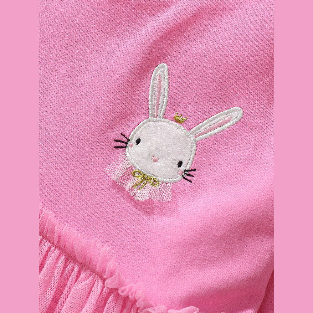 MyKids-USA® Girls Cartoon Rabbit Logo Crew Neck Long Sleeves Pink Tulle Patchwork Princess Dress