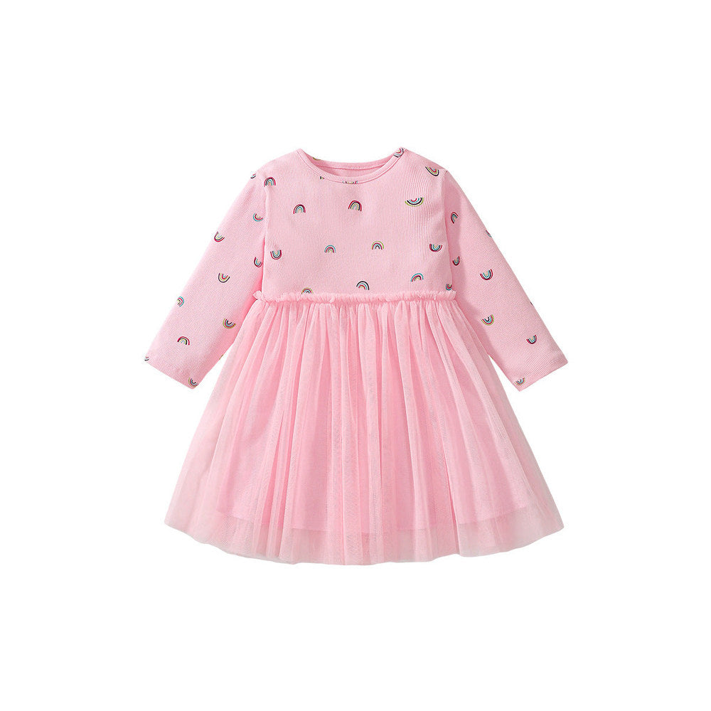 MyKids-USA® Girls Rainbows Print Crew Neck Long Sleeves Tulle Patchwork Princess Dress