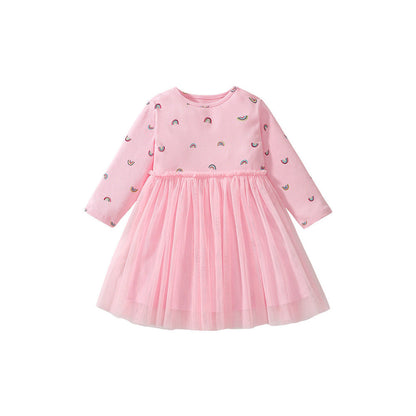 MyKids-USA® Girls Rainbows Print Crew Neck Long Sleeves Tulle Patchwork Princess Dress