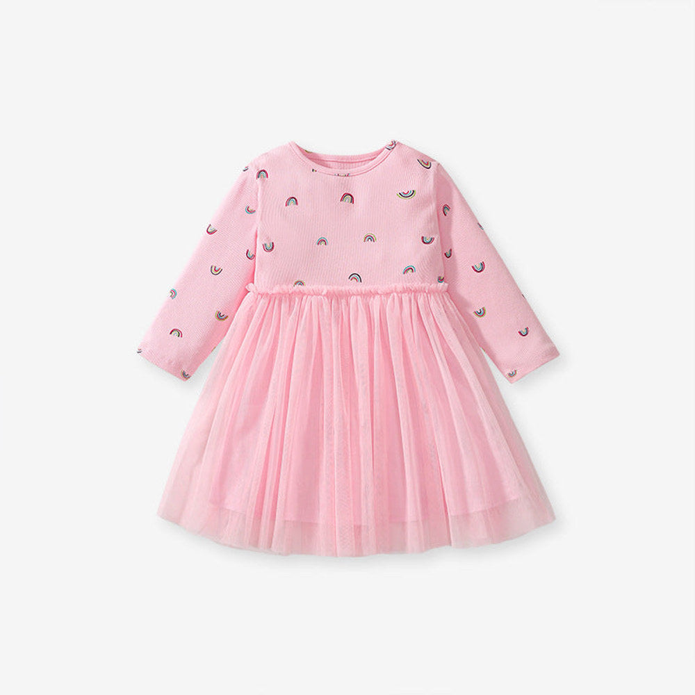 MyKids-USA® Girls Rainbows Print Crew Neck Long Sleeves Tulle Patchwork Princess Dress