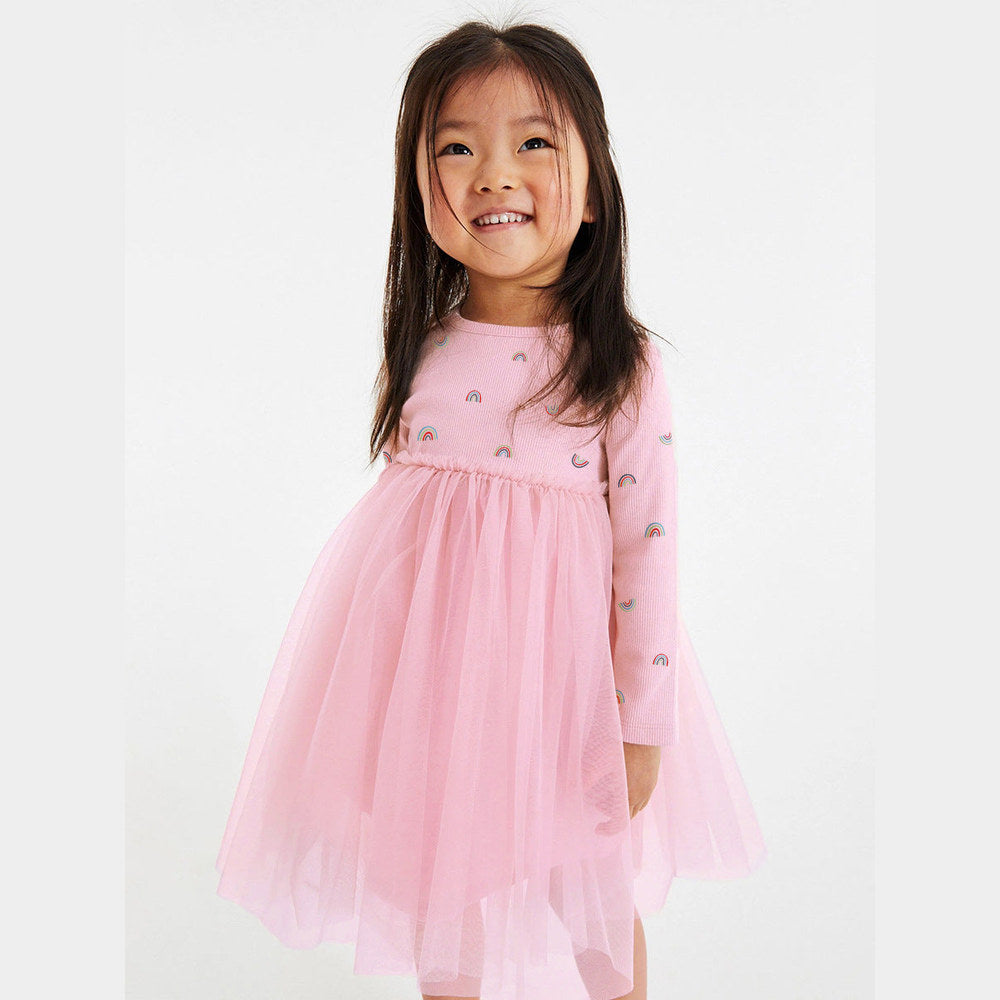 MyKids-USA® Girls Rainbows Print Crew Neck Long Sleeves Tulle Patchwork Princess Dress