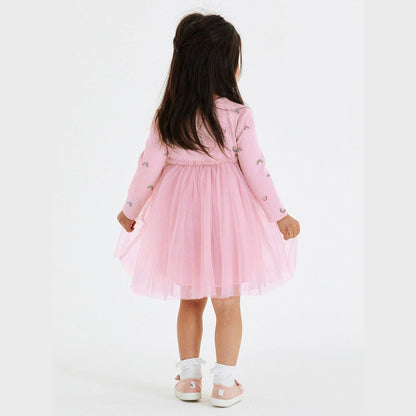 MyKids-USA® Girls Rainbows Print Crew Neck Long Sleeves Tulle Patchwork Princess Dress
