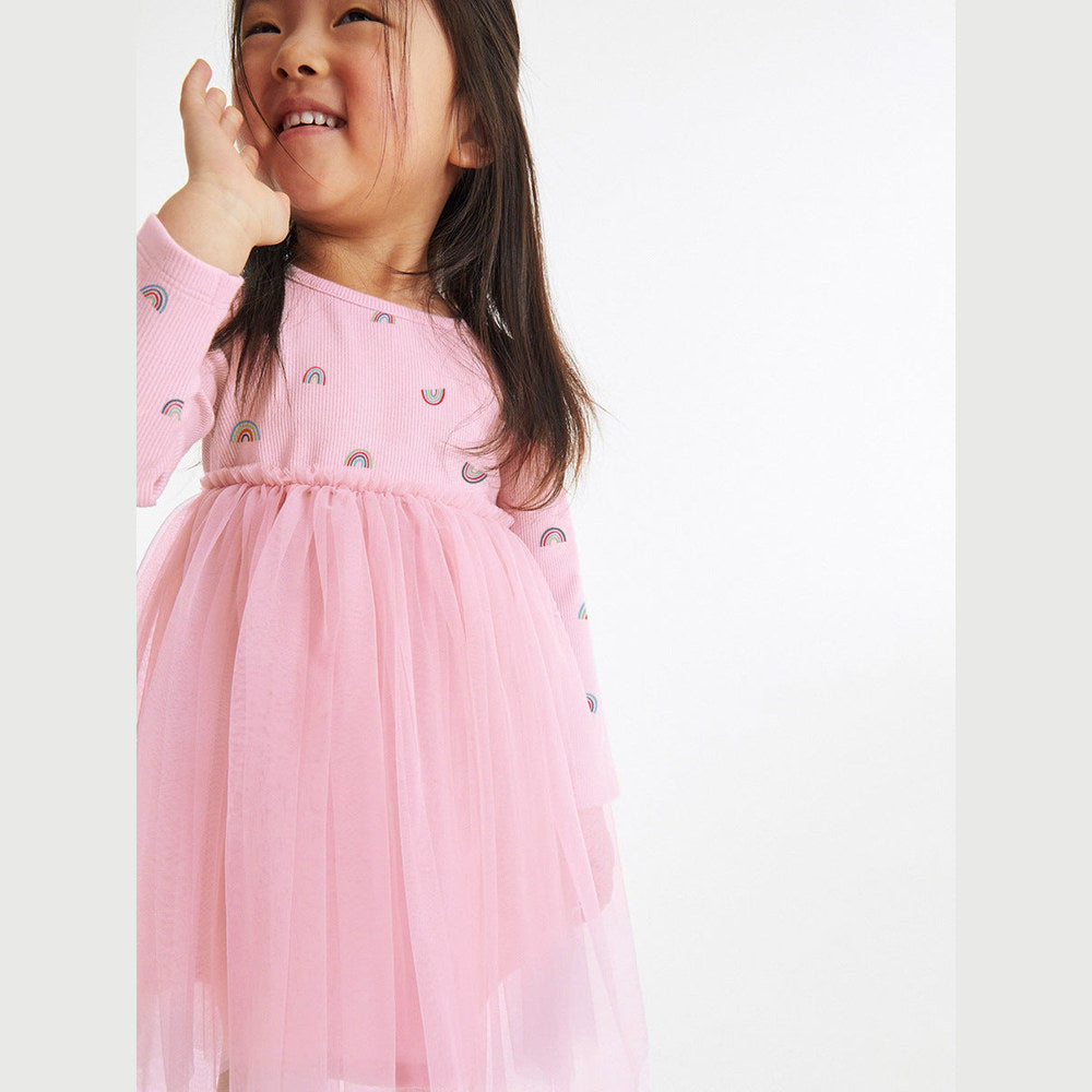 MyKids-USA® Girls Rainbows Print Crew Neck Long Sleeves Tulle Patchwork Princess Dress