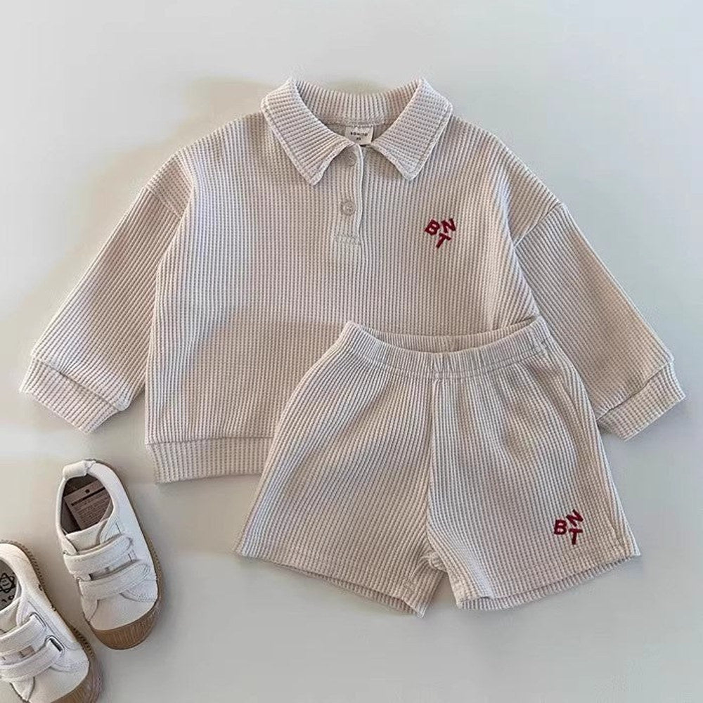 MyKids-USA® Baby Kids Unisex Casual Simple Versatile Long Sleeves Top Polo Shirt And Shorts, Clothing Set