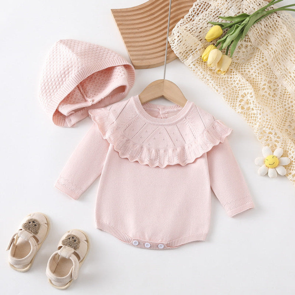 MyKids-USA® Design Baby Girls Solid Color Long Sleeves Hollow Out Big Collar Knitted bodysuit And Hat