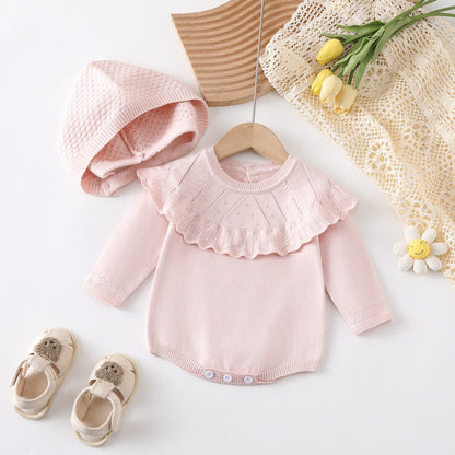 MyKids-USA® Design Baby Girls Solid Color Long Sleeves Hollow Out Big Collar Knitted bodysuit And Hat