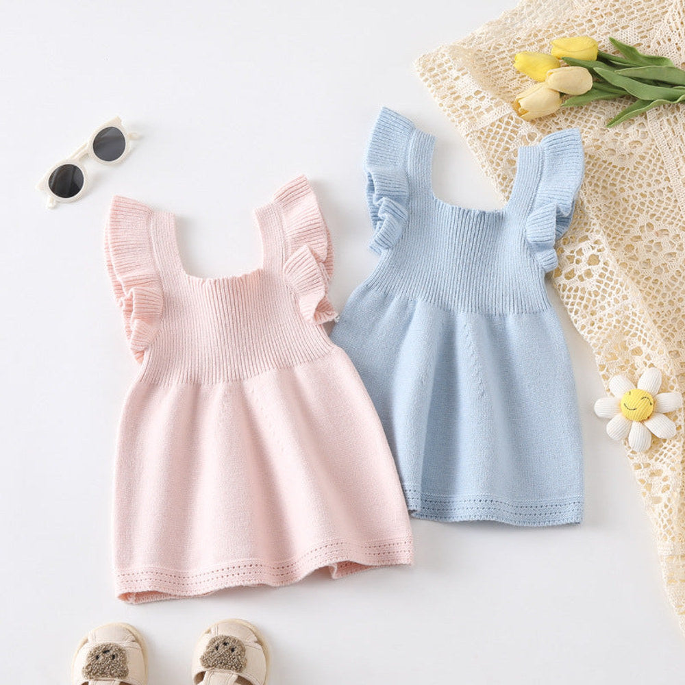 MyKids-USA® Baby Kids Girls Plain Simple Solid Color Fly Sleeves Knitted Dress