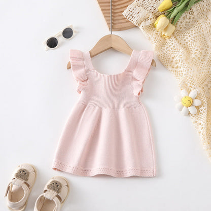 MyKids-USA® Baby Kids Girls Plain Simple Solid Color Fly Sleeves Knitted Dress
