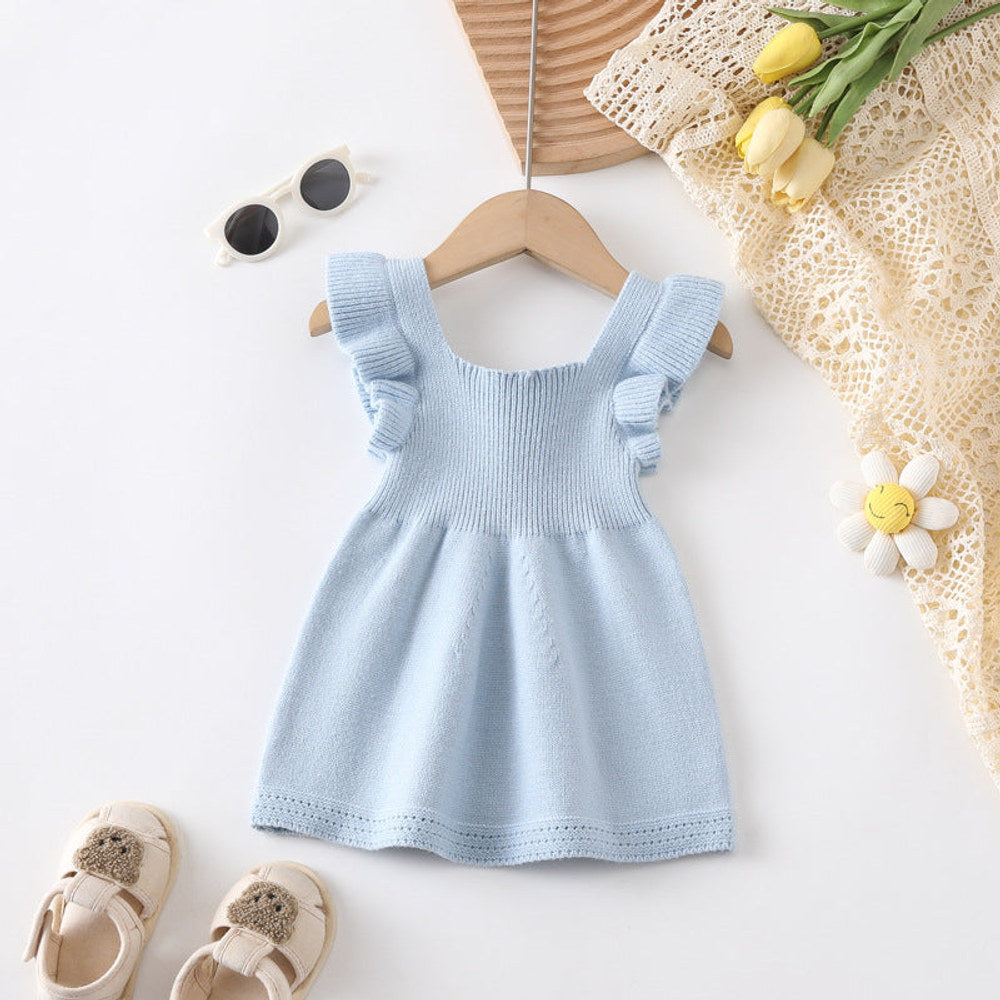 MyKids-USA® Baby Kids Girls Plain Simple Solid Color Fly Sleeves Knitted Dress